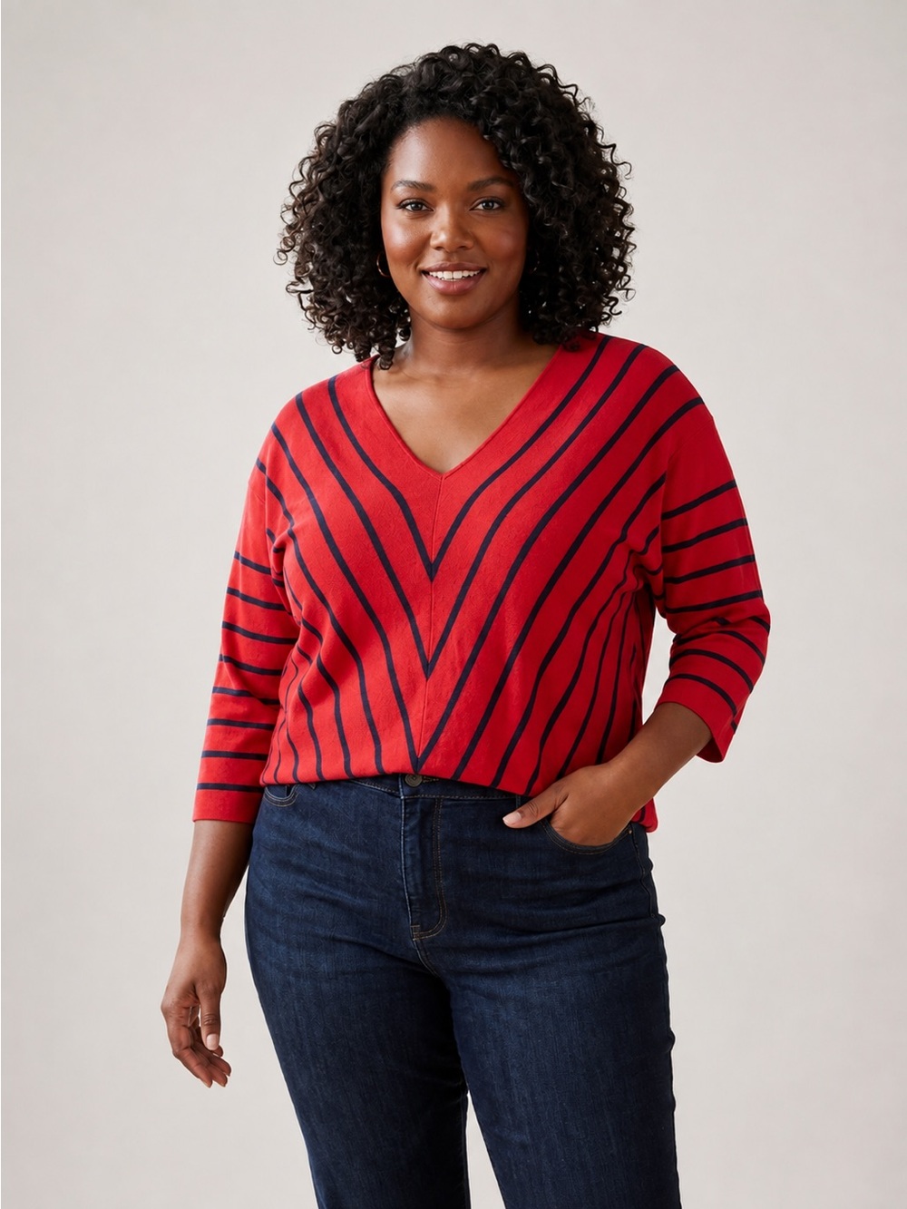 Talbots Plus Red Navy Striped Chevron V-Neck Sweater 2X 3/4 Sleeve
